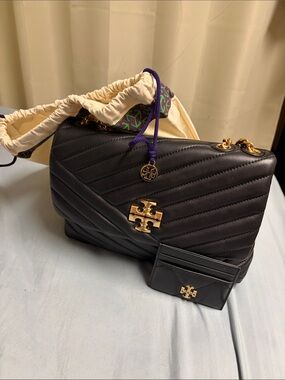Tory Burch Black Quilted Leather Shoulder Bag with Gold Hardware and Card Case